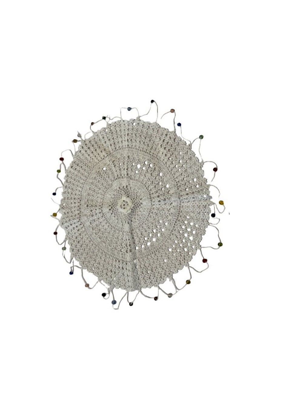 Handmade Crochet Doily 14" Round White Cotton Beaded Centerpiece Table Decor
